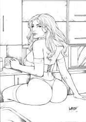ass ass_focus big_butt black_and_white bubble_butt corset dat_ass emma_frost hellfire_club marvel marvel_comics monochrome panties sideboob thong thong_panties white_queen x-men