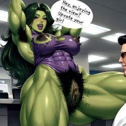 ai_generated armpit_hair armpits athletic_female big_muscles bodybuilder breaking_the_fourth_wall deergirlfit excessive_pubic_hair female_bodybuilder hairy hairy_armpits hairy_pussy marvel marvel_comics muscular muscular_female office she-hulk talking talking_to_viewer text text_bubble