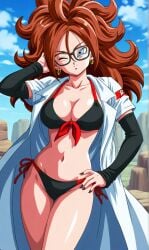 1girls ai_generated android android_21 android_21_(human) big_ass big_breasts bikini black_nails blue_eyes breasts brown_hair curly_hair detached_sleeves dragon_ball dragon_ball_fighterz dragon_ball_super dragon_ball_z earrings female glasses hoop_earrings human human_female lab_coat long_hair milf mommy mother nail_polish one_eye_closed sexy standing vomi_(dragon_ball)