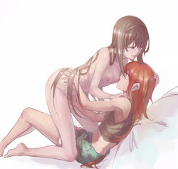 2girls akemi_homura art black_hair breast_licking breast_sucking clothed_female_nude_female female female_only fingering girl_on_top hair_down hairband hand_on_another's_head hand_on_another's_hip hand_on_another's_shoulder hand_on_another's_waist leaning_back licking long_hair looking_at_another mahou_shoujo_madoka_magica moaning multiple_girls nipples nude open_mouth purple_eyes red_eyes red_hair sakura_kyouko shorts simple_background sitting small_breasts usamin_(artist) vaginal_penetration white_background yuri