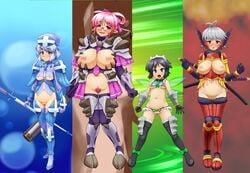 areolae armor black_hair blue_eyes blue_hair blush breastless_clothes breasts crotchless_clothes crotchless_panties d.koutya daajirin.koucha framed_breasts glasses green_eyes huge_breasts large_breasts looking_at_viewer multiple_girls nippleless_bra nippleless_clothes nipples no_panties no_underwear original pink_hair pointy_ears purple_eyes pussy reverse_bikini_armor silver_hair small_breasts uncensored