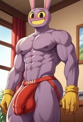 abs ai_generated gloves jax_(the_amazing_digital_circus) jockstrap jockstrap_only male male_only muscular muscular_male nipples pecs pectorals purple_body purple_skin rabbit_ears the_amazing_digital_circus