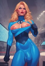 1futa ai_generated areolae balls big_areola big_balls big_penis blonde_hair blue_eyes bodysuit breasts bulge bulge_through_clothing civitai fantastic_four futa_only futanari futazealot invisible_woman light-skinned_futanari light_skin long_hair marvel nipples penis ripped_clothing sue_storm