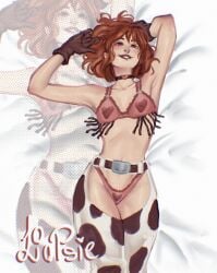 1girls bed bedroom boobs cow female lingerie loopsie loopsieart red_eyes red_hair red_lingerie signature small_breasts