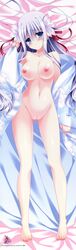 absurdres barefoot bed_sheet blue_eyes breasts collarbone dakimakura feet female grey_hair hanamakura highres huge_filesize japanese_clothes kimono legs long_hair navel nipples no_bra no_panties open_clothes open_kimono pussy sheet_grab tall_image tanihara_natsuki uncensored