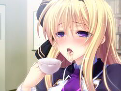 akiyama_fuuka blonde_hair boku_to_keiyakushite_osananajimi_seitokaichou_ni_saimin_wo_kakeyou! cum cum_in_container cum_in_mouth cum_trail cumdrip game_cg gokkun kumatora_tatsumi long_hair open_mouth purple_eyes saliva school_uniform