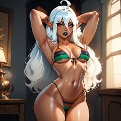 african ai_generated bikini black_lipstick elf elf_ears fit fit_female flag long_ears long_hair medium_breasts oc orange_eyes voloeil white_hair