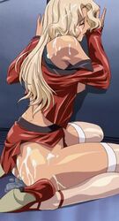 after_sex ass backboob blonde_hair breasts bukkake closed_eyes cum cum_on_body cum_on_breasts cum_on_clothes cum_on_floor cum_on_lower_body cum_on_upper_body facial high_heels itazura itazura_the_animation mieko_(itazura) nipples pussy_juice thighhighs uncensored