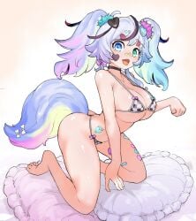 ass bandaid_on_nose barefoot blue_eyes blue_hair dog_ears dog_girl dog_tail full_body green_eyes heterochromia hunikin large_breasts micro_bikini pillows square_bikini thighs tongue_out twintails