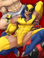 2boys abs adapted_costume anger_vein armpit_hair armpits baimonbluewhale bara beard blush chibi closed_mouth clothed clothing deadpool deadpool_&_wolverine_(2024) gay gloves hairy hairy_legs hairy_male james_howlett large_penis logan_(x-men) lying male male/male male_only male_underwear marvel mask mature_male nipples pectorals scars_all_over stirrup_legwear thighs toeless_legwear wade_wilson white_male_underwear wolverine_(x-men) x-men yaoi