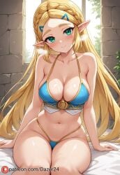 1girls ai_generated bikini blonde_hair breath_of_the_wild cleavage cute dazer24 green_eyes nintendo princess_zelda seductive shiny_skin sweat tagme thick_thighs zelda_(breath_of_the_wild)