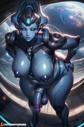 1futa ai_generated alien balls bbw big_areola big_penis black_sclera blue_eyes blue_skin breasts dickgirl flaccid futaforthepoor futanari oiled_skin steam sweat uncensored