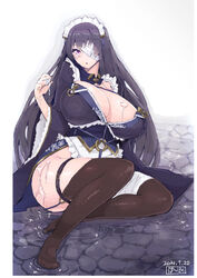 1girls angelo_(gomahangetsu) apron bandage bandage_over_one_eye bandages black_hair black_legwear blush breasts breasts_apart cum cum_on_ass cum_on_body cum_on_breasts cum_on_upper_body eye_patch female highres huge_breasts long_hair maid_apron maid_headdress purple_eyes purple_hair sengoku_bushouki_muramasa solo tears thighhighs water whooosaku yamanaka_yukimori_(sengoku_bushouki_muramasa)