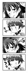 4koma agano_(kantai_collection) black_hair blush comic crossover cum drawing facial flower gloves hair_flower hair_ornament head_wreath kantai_collection long_hair monochrome multiple_girls one_eye_closed open_mouth personification petenshi_(dr._vermilion) saten_ruiko school_uniform serafuku short_hair smile suggestive_fluid text to_aru_kagaku_no_railgun to_aru_majutsu_no_index translation_request uiharu_kazari white_gloves wink