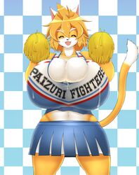 breasts bursting_breasts cheerleader closed_eyes cum cum_on_breasts female furry gigantic_breasts mochizuki_tooya_(kemoner) open_mouth orange_hair skirt smile sweat tail