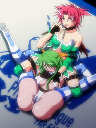 2girls bare_shoulders blush boots breast_grab breasts catfight choker clothing detached_sleeves ejaculation female_ejaculation fingerless_gloves gloves green_hair hair_ribbon highres leotard licking multiple_girls noppo-san open_mouth pink_hair pussy_juice sakurai_chisato short_hair stockings submission_hold succubus succubus_manabe tears thigh_belt thighhighs tied_hair tongue twintails very_long_hair wings wrestle_angels wrestle_angels_survivor wrestle_angels_survivor_2 wrestling wrestling_outfit yellow_eyes yuri