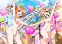 absurdres balloons blue_eyes blush breasts happy headphones heart highres hoshizora_rin kousaka_honoka love_live! love_live!_school_idol_project multiple_girls nipples nude nude_filter open_mouth outdoors photoshop public public_nudity pussy small_breasts uncensored yellow_eyes zenra