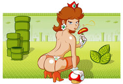 ass back black_eyes blue_eyes brown_hair crown earrings escopeto female fire_flower flower garter_belt garter_straps gloves high_heels looking_at_viewer looking_back mario_(series) mushroom nintendo orange_legwear outdoors princess_daisy short_hair solo squatting stockings super_mario_land thighhighs topless warp_pipe white_gloves