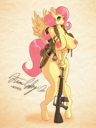 2015 anthro anthrofied areola backpack bag big_breasts blue_eyes breasts equine female firearm fluttershy_(mlp) friendship_is_magic gun hair huge_breasts knife long_hair looking_at_viewer lysergide m16 mammal my_little_pony nipples pegasus pink_hair pussy ranged_weapon smile solo standing straight_hair weapon wings