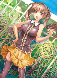 black_legwear blue_eyes blush breasts brooch brown_hair dutch_angle female gate hand_on_hip hips jewelry long_hair open_mouth original skirt sleeveless sleeveless_shirt solo suoni_(deeperocean) thighhighs