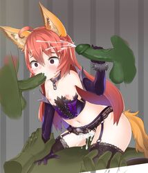 ahoge animal_ears arm_grab balls brown_hair clothing collar corset cum cum_in_mouth cum_in_pussy cum_inside disembodied_penis elbow_gloves elin_(tera) fellatio female female_on_top flat_chested forced fox_ears fox_tail gangbang garter_belt garter_straps gloves group group_sex hair hi_res humanoid legwear long_hair male mammal monster nipples nopan on_top oral orc penis pettanko purple_eyes pussy rape sex shufflebox slave stockings tears tera_online thigh_highs vaginal_penetration young