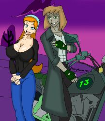 1boy 1girls blonde_hair blouse commentary_request danny_phantom female ghost ghosthunter1851(artist) green_eyes jazz_fenton jeans johnny_13 large_breasts long_hair motorcycle naughty naughty_face naughty_smile nickelodeon nipples_visible_through_clothing red_hair