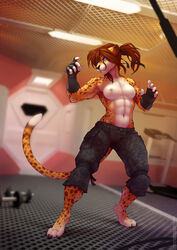 abs anthro areola armpit barefoot breasts brown_hair cheetah erect_nipples feline female furry half-dressed mammal motion_blur muscles muscular_female navel nipples perky_breasts ponytail small_breasts small_waist solo standing tied_hair topless wolfy-nail