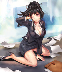 black_skirt breasts brown_eyes business_suit cleavage female formal gun hair_ornament hand_on_head high_heels kneeling large_breasts legs office_lady open_mouth original paper pencil_skirt pistol ponytail popped_collar shoes skirt skirt_suit solo suit suoni_(deeperocean) sweatdrop tied_hair weapon wince