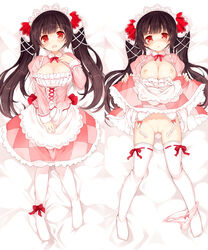 1girls black_legwear blush bow bow_panties breasts censored cleavage dakimakura female garter_belt garter_straps kurasuke large_breasts long_hair looking_at_viewer maid maid_headdress mosaic_censoring multiple_views nipples no_shoes open_mouth original panties panties_around_leg panties_around_one_leg pink_panties pussy red_eyes ribbon-trimmed_legwear ribbon_trim skirt smile solo thighhighs underwear white_legwear white_panties