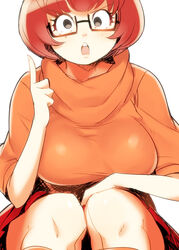 1girls blush bob_cut breasts brown_hair busty clothed female freckles glasses hanna-barbera index_finger_raised knees large_breasts naso4 scooby-doo semi-rimless_glasses short_hair skirt sleeves_rolled_up socks solo squatting sweater turtleneck under-rim_glasses velma_dinkley voluptuous