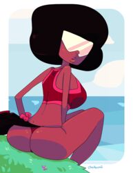 1girls afro beach black_hair female garnet_(steven_universe) gem gem_(species) gem_fusion looking_back obakawaii pinup red_skin short_hair solo sports_bra steven_universe swim_suit swimsuit