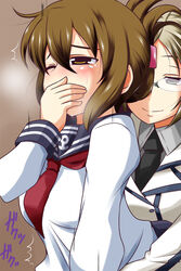 blonde_hair blush breasts brown_hair covering_mouth female fingering folded_ponytail glasses highres inazuma_(kantai_collection) kantai_collection katori_(kantai_collection) multiple_girls necktie nishi_koutarou one_eye_closed sailor_collar tears text translation_request yuri