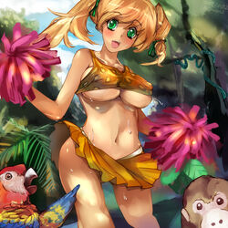 blonde_hair breasts cheerleader crop_top female green_eyes jungle large_breasts long_hair nature original pom_poms skirt solo suoni_(deeperocean) sweat tied_hair twintails underboob