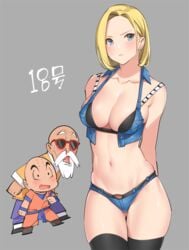 1girls 2boys android android_18 arms_behind_back bikini blonde_hair blue_eyes blush bra_straps chin_length_hair cleavage cropped_legs denim dragon_ball earring female female_focus grey_background krillin kuririn large_breasts legs_together master_roshi navel plain_background pop_kyun posing solo_focus standing text thighhighs