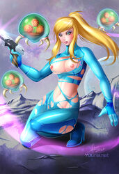 blonde_hair bodysuit breasts breasts_out female gun heavy_makeup high_heels kneeling long_hair looking_at_viewer metroid metroid_(creature) navel nintendo nipples ponytail samus_aran tied_hair torn_bodysuit torn_clothes weapon yuureikun zero_suit zero_suit_samus