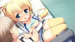 :o asasaka_meguri asasaka_tokiya bell blonde_hair blue_eyes blush bra bra_lift breast_grab breasts brother_and_sister character_name closed_legs female from_above game_cg green_panties hair_bell hair_ornament hulotte ikegami_akane imouto_no_okage_de_mote_sugite_yabai indoors long_hair looking_at_another nipples open_clothes open_mouth open_shirt panties petite sitting small_breasts thighhighs underwear wet_panties yellow_legwear