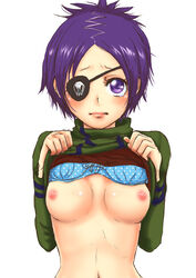 blush bra breasts chrome_dokuro eye_patch female katekyo_hitman_reborn! lips nipples purple_eyes purple_hair shirt_lift short_hair simple_background skull solo tears white_background yuzuki_suzu