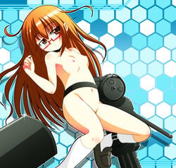 ahoge anklet armpits belt blush collarbone female glasses ikeden jewelry jitome kantai_collection loafers long_hair midriff mochizuki_(kantai_collection) navel nipples no_pussy nude orange_eyes orange_hair red-framed_glasses semi-rimless_glasses shoes small_breasts solo under-rim_glasses white_legwear