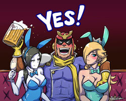 1boy 2girls akairiot beer black_hair blonde_hair blue_eyes blush bowtie breast_fondling breast_grab breasts bunny_costume bunny_ears bunnygirl bunnysuit busty captain_falcon cleavage couch crown earrings f-zero female fully_clothed groping hair_over_one_eye human large_breasts leotard long_hair male mario_(series) multiple_girls nintendo pale_skin ponytail princess_rosalina sitting smile straight super_smash_bros. tied_hair voluptuous white_eyes wii_fit wii_fit_trainer