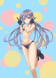 alternate_costume bikini black_bikini black_footwear black_scarf blush boots breasts double_v duel_monster female gloves grey_hair hatopoyo highres long_hair navel red_eyes scarf sky_striker_ace_-_roze small_breasts solo swimsuit twintails v yu-gi-oh!