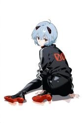 1girls ai_generated alternate_costume ass back blue_hair full_body jacket looking_back neon_genesis_evangelion on_floor plugsuit rei_ayanami serious shoes shoppy short_hair skirt soles white_background