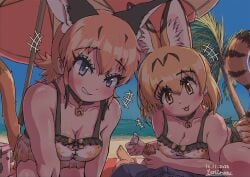 1boy 2girls beach caracal_(kemono_friends) cleavage kemono_friends kemonomimi male_pov serval_(kemono_friends) swimsuit teriiman