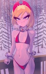 1girls belly_piercing blonde_hair bracelet collar female frankgallaxx hairband irida_(pokemon) navel_piercing pearl_(gem) piercing pokemon pokemon_legends:_arceus purple_eyes red_underwear short_hair snow solo solo_female underwear