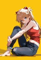 1girls ai_generated asuka_langley_sohryu bare_shoulders feet jeans large_breasts looking_at_viewer navel neon_genesis_evangelion one_knee orange_hair shoppy smile yellow_background