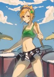 1girls background battery big_breasts breasts clothing clover_(papa_louie) color drummer drumsticks female female_only flipline flipline_studios hairclip half_closed_eyes headband huge_breasts mob_face papa_louie skinny_girl solo solo_female solo_focus swimsuit tagme thighs video_game video_game_character video_game_franchise video_games voluptuous_female yoli