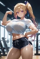 ai_generated athletic_female bare_legs blonde_hair dolphin_shorts fit fit_female gigantic_breasts hair_ribbon huge_breasts huge_thighs kawakami_mai light-skinned_female light_skin looking_at_viewer mako_(artist) massive_breasts multicolored_hair musaigen_no_phantom_world muscular_female oiled_body oiled_skin purple_eyes side_ponytail smiling solo_female squatting sweat sweatdrop t-shirt thick_thighs thighs voluptuous voluptuous_female