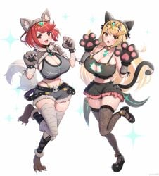 2girls absurdres alternate_costume animal_ears bell belt black_belt black_skirt black_thighhighs blonde_hair bob_cut breasts cat_ears cat_lingerie cat_tail chest_jewel cleavage cleavage_cutout clothing_cutout commentary_request core_crystal crop_top earrings fake_animal_ears fake_tail floating_earring full_body gonzarez halloween halloween_costume highres jewelry jingle_bell large_breasts long_hair looking_at_viewer medium_hair meme_attire multiple_girls mythra mythra_(xenoblade) navel neck_bell oerba_yun_fang open_mouth paw_pose pyra pyra_(xenoblade) red_eyes red_hair short_shorts shorts sidelocks simple_background skin_fang skirt smile standing standing_on_one_leg tail thighhighs white_background wolf_ears wolf_tail xenoblade_chronicles_(series) xenoblade_chronicles_2 yellow_eyes