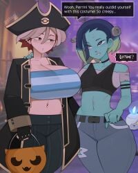 2girls auri_(gdblight) big_breasts clothed dyed_hair freckles freckles_on_breasts freckles_on_face gdblight halloween litwick perrin_(pokemon) pirate pokemon small_breasts yellow_eyes yuri zombie