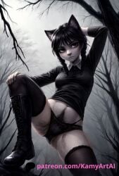 ai_generated catgirl furry furry_ears furry_female hairy_legs patreon_username wednesday_(netflix) wednesday_addams