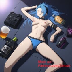 1girls ai_generated arms_at_sides beer blue_hair blue_underwear breasts choker closed_eyes drunk female hairband hard_nipples long_hair lying_on_floor navel nipples patreon patreon_username smile spread_legs topless zenaai